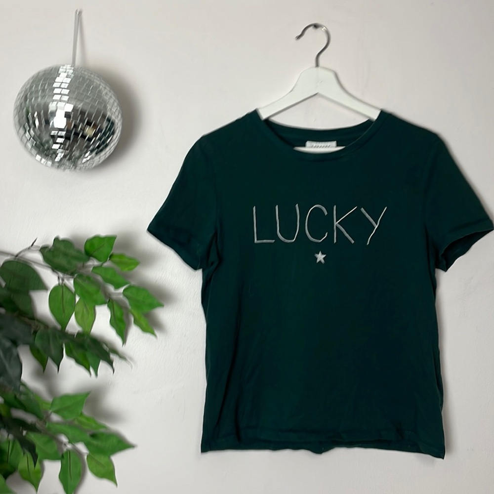 ⭐️ TOPSHOP lucky star collegiate forest dark green embroidered t shirt US 8 ⭐️